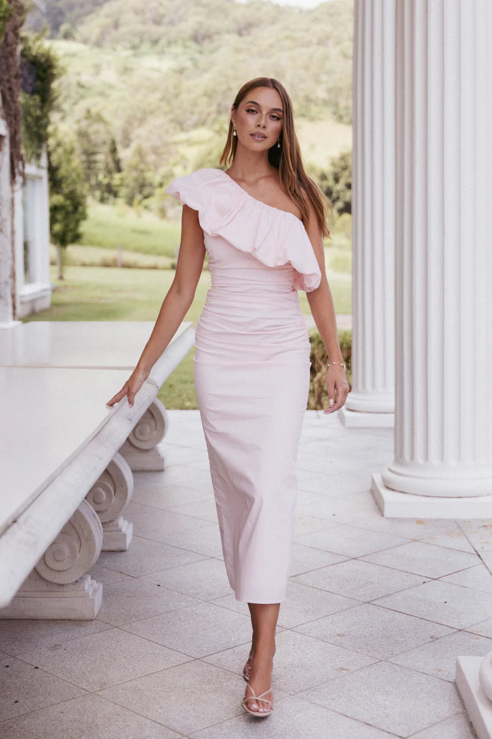 Elegant One Shoulder Ruffle Detail Ruched Bodycon Midi Prom Dress For Formal Evening Wedding Guest Bridesmaid Cocktail Party
