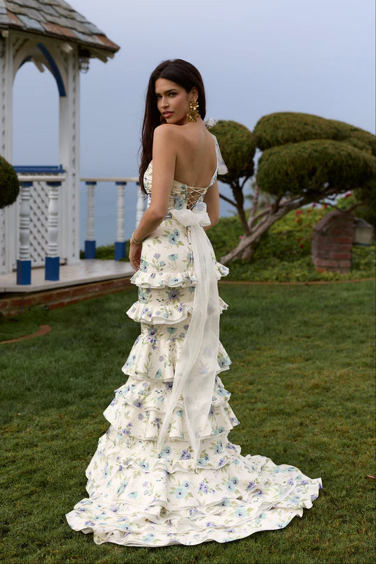 Elegant One Shoulder Sweetheart Neckline Open Back Lace Up Detail Bow Accent Floral Print Tiered Ruffle Mermaid Evening Dress For Formal Evening Wedding Guest Bridal Shower Prom Gala