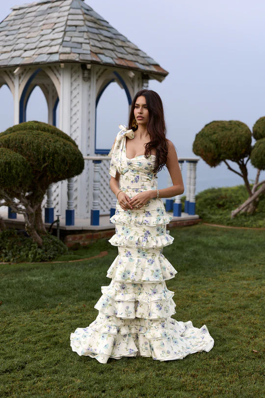 Elegant One Shoulder Sweetheart Neckline Open Back Lace Up Detail Bow Accent Floral Print Tiered Ruffle Mermaid Evening Dress For Formal Evening Wedding Guest Bridal Shower Prom Gala