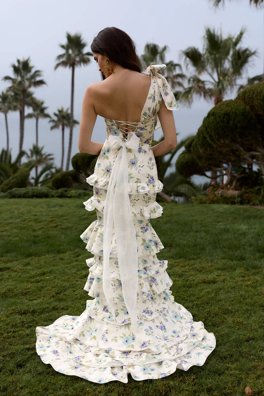 Elegant One Shoulder Sweetheart Neckline Open Back Lace Up Detail Bow Accent Floral Print Tiered Ruffle Mermaid Evening Dress For Formal Evening Wedding Guest Bridal Shower Prom Gala