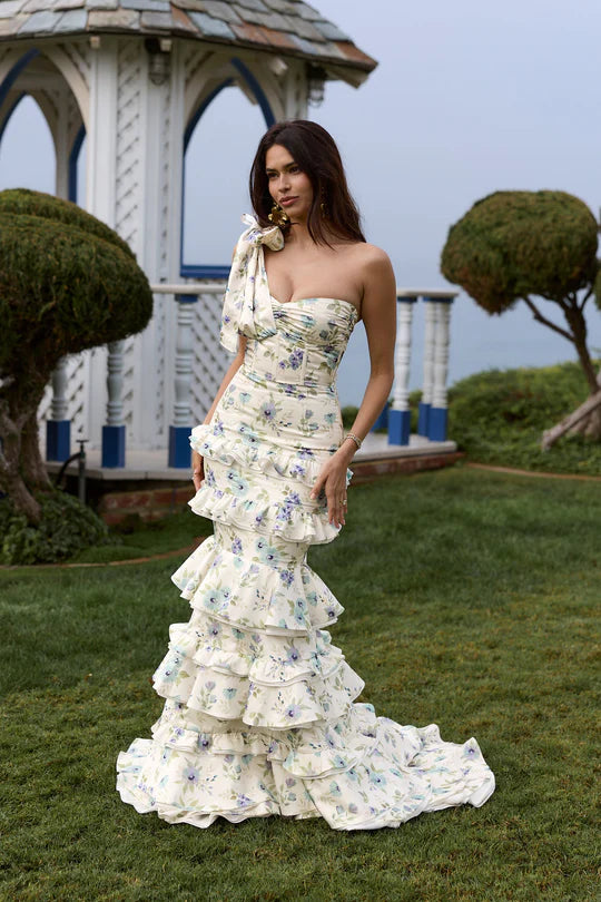Elegant One Shoulder Sweetheart Neckline Open Back Lace Up Detail Bow Accent Floral Print Tiered Ruffle Mermaid Evening Dress For Formal Evening Wedding Guest Bridal Shower Prom Gala