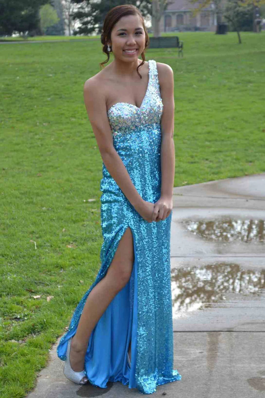 Elegant One Shoulder Sweetheart Neckline Sequin Embellished High Slit Mermaid Maxi Evening Dress For Formal Evening Prom Wedding Guest Bridesmaid Cocktail Party Gala