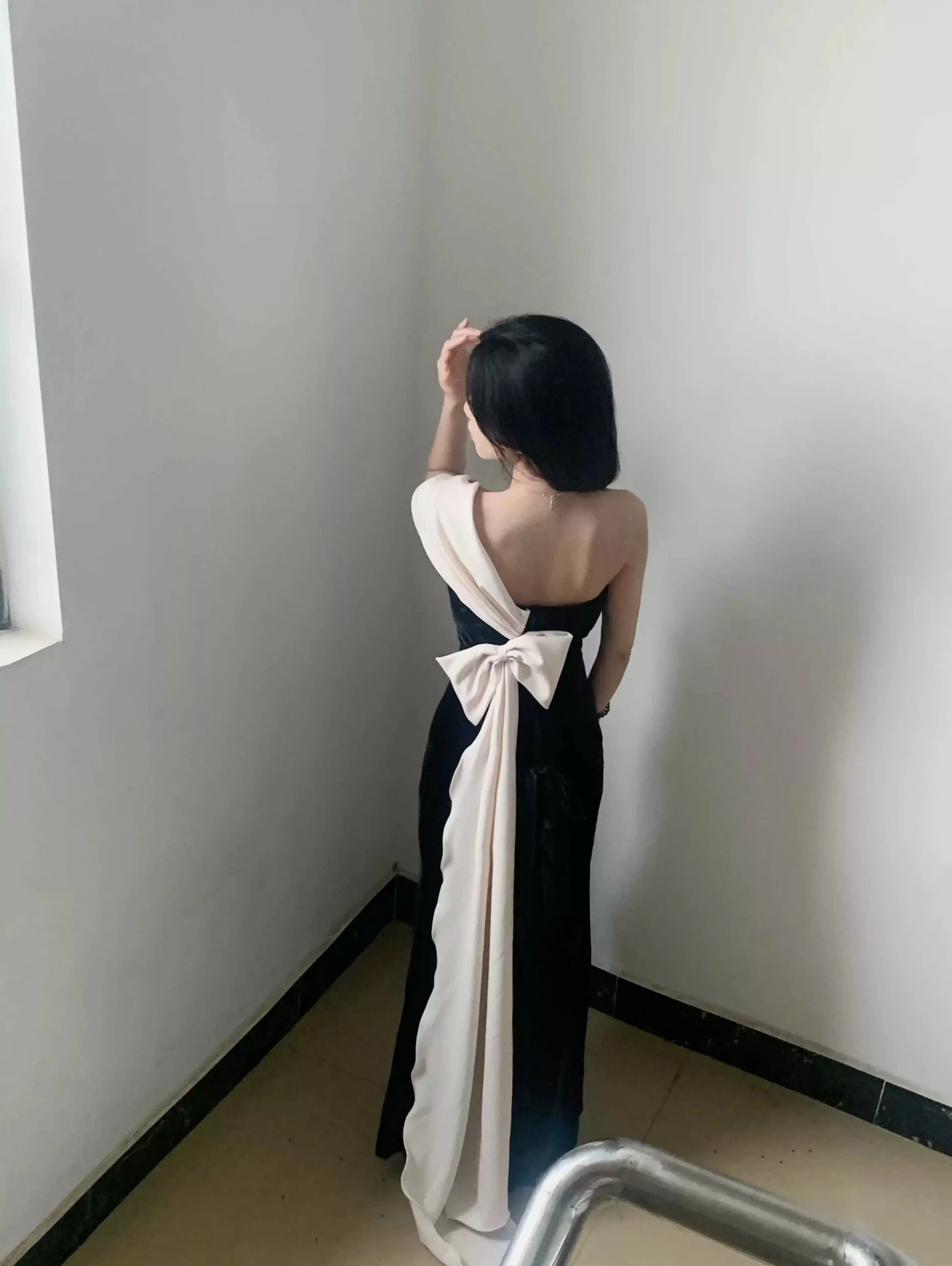 Elegant One Shoulder Velvet 3D Floral Applique Ruffle Trim Bow Back Mermaid Maxi Prom Dress