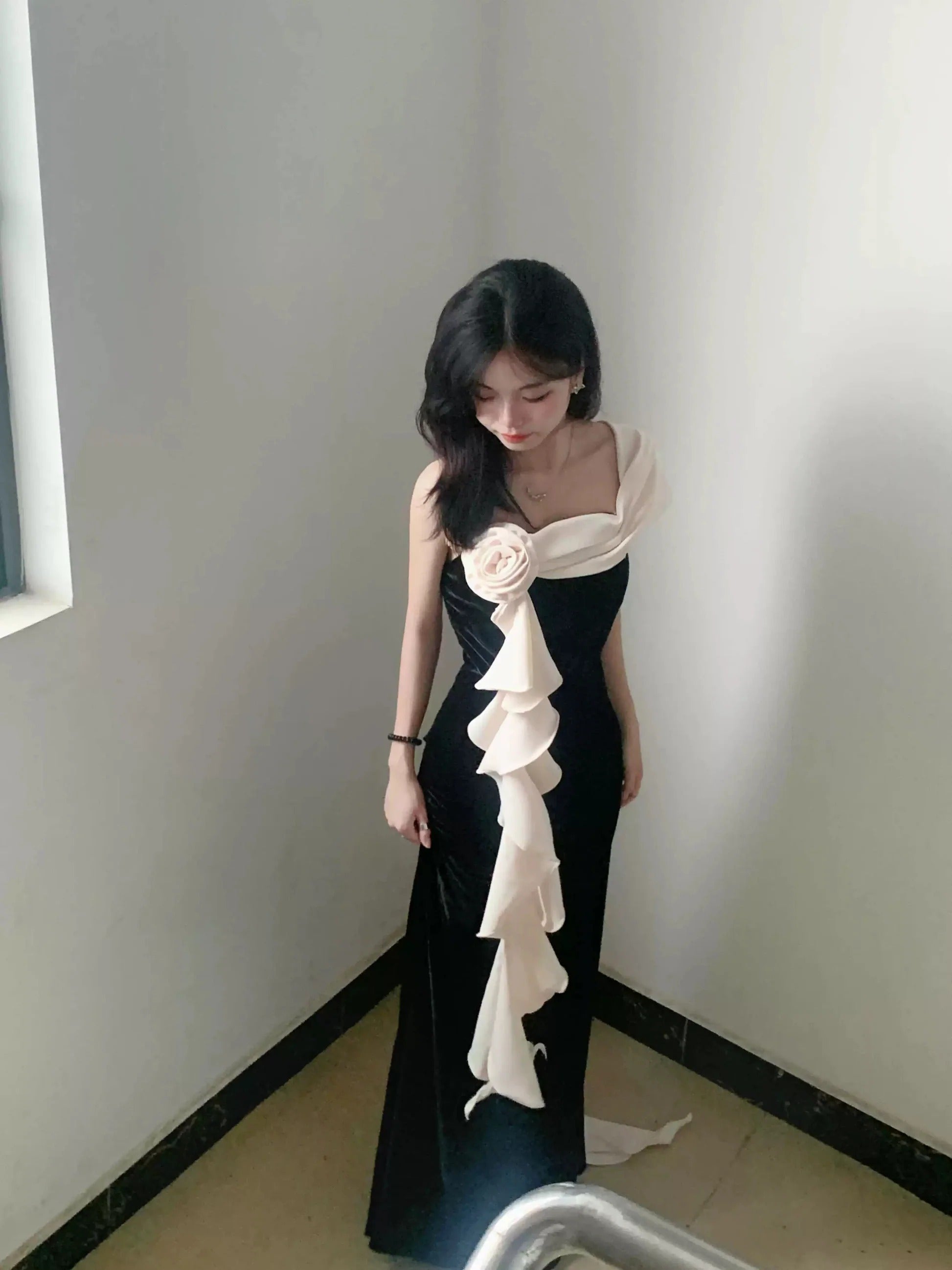 Elegant One Shoulder Velvet 3D Floral Applique Ruffle Trim Bow Back Mermaid Maxi Prom Dress