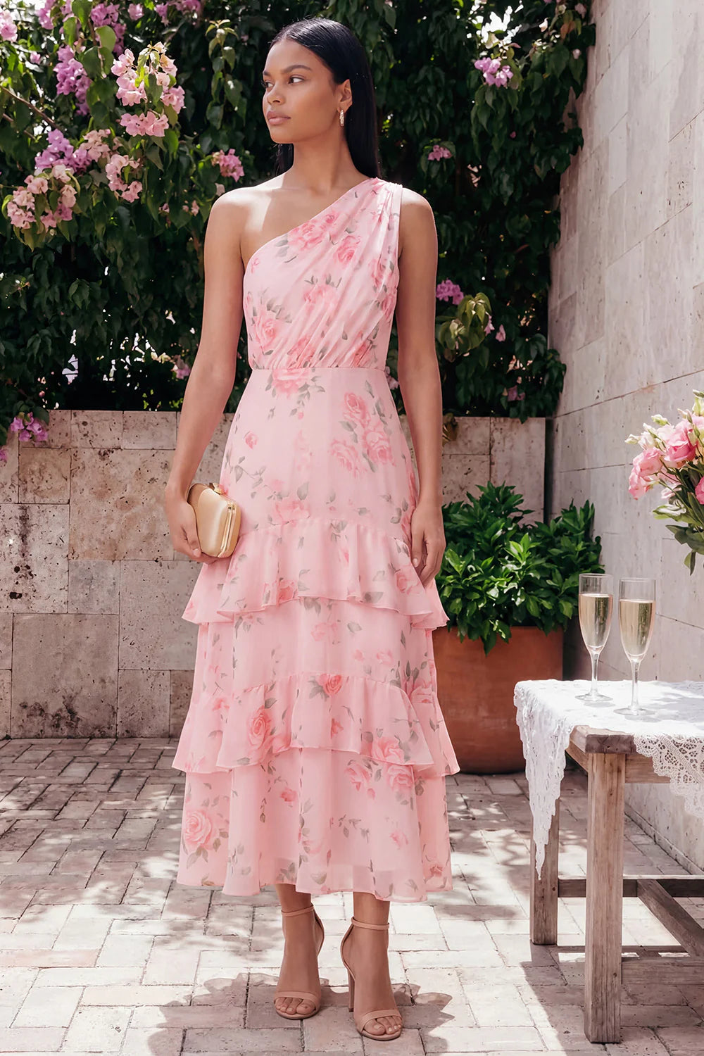 Elegant One Shoulder Watercolor Pink Rose Print Tiered Ruffle Midi Dress with Ruched Bodice and Open Back Prom Dress