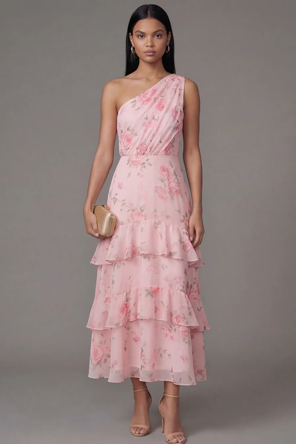 Elegant One Shoulder Watercolor Pink Rose Print Tiered Ruffle Midi Dress with Ruched Bodice and Open Back Prom Dress
