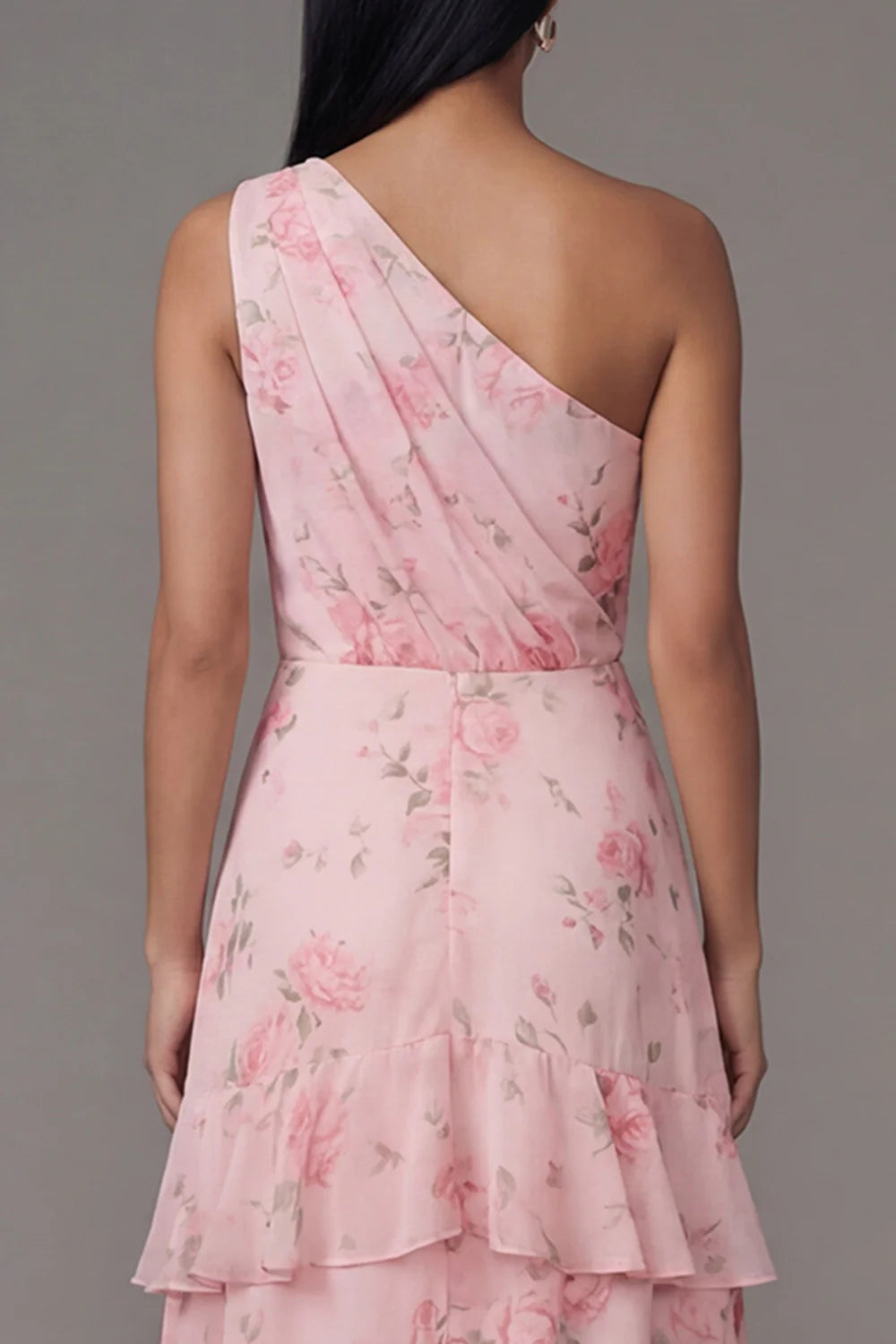 Elegant One Shoulder Watercolor Pink Rose Print Tiered Ruffle Midi Dress with Ruched Bodice and Open Back Prom Dress