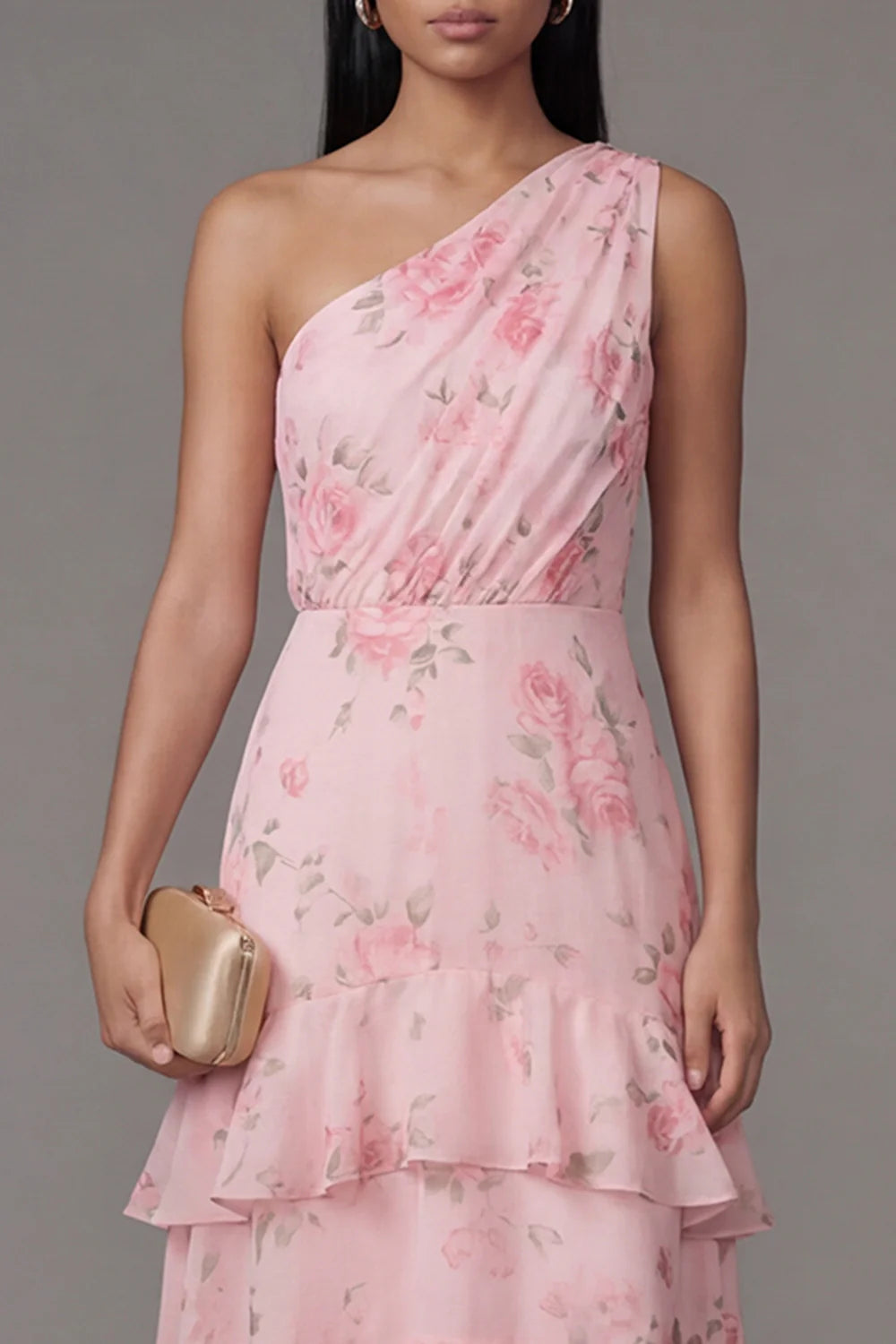 Elegant One Shoulder Watercolor Pink Rose Print Tiered Ruffle Midi Dress with Ruched Bodice and Open Back Prom Dress