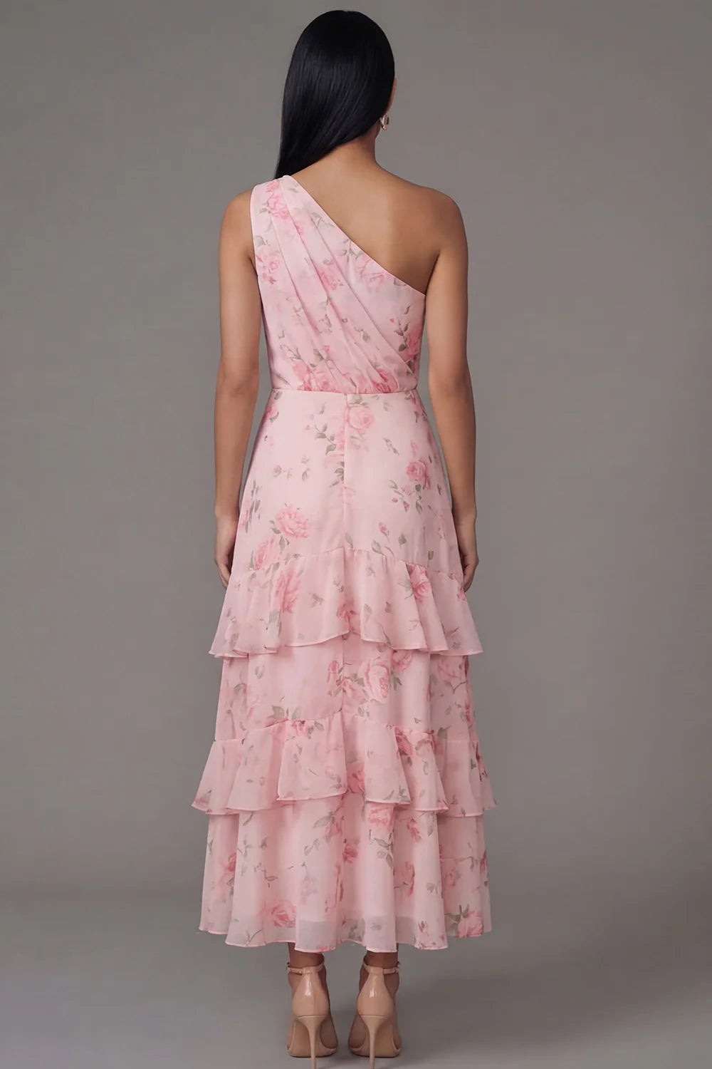 Elegant One Shoulder Watercolor Pink Rose Print Tiered Ruffle Midi Dress with Ruched Bodice and Open Back Prom Dress