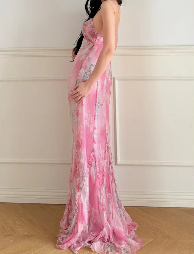Elegant Pink Floral Print Prom Dress With Sweetheart Neckline Spaghetti Straps And Ruffled Mermaid Skirt For Formal Evening Party