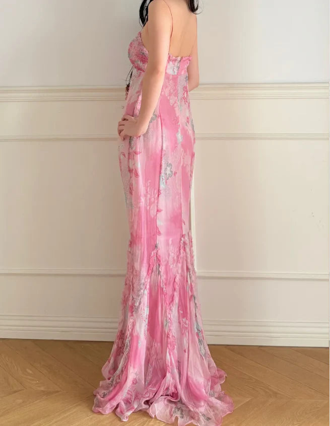 Elegant Pink Floral Print Prom Dress With Sweetheart Neckline Spaghetti Straps And Ruffled Mermaid Skirt For Formal Evening Party