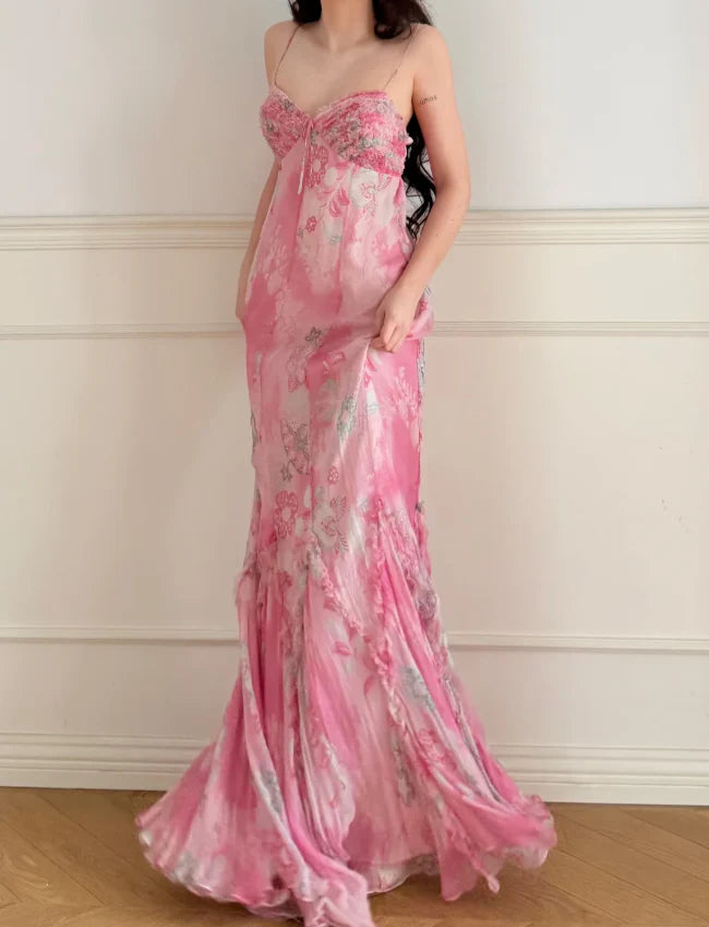Elegant Pink Floral Print Prom Dress With Sweetheart Neckline Spaghetti Straps And Ruffled Mermaid Skirt For Formal Evening Party