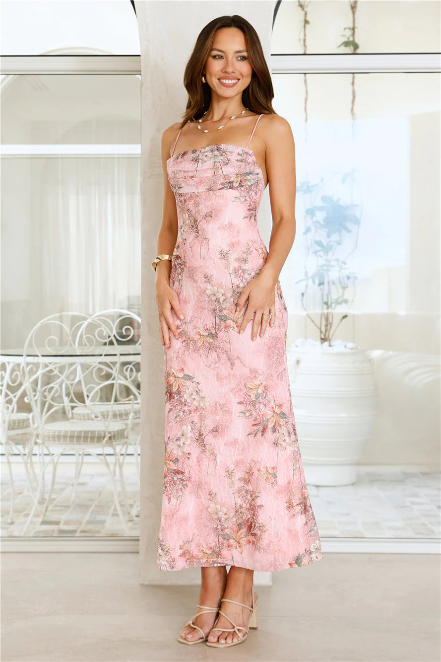 Elegant Pink Floral Print Spaghetti Strap Cowl Neck Midi Prom Dress For Bridal Shower Garden Party