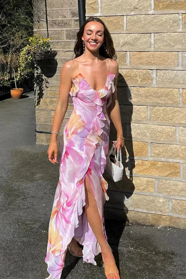Elegant Pink Floral Print Spaghetti Strap Prom Dress With Ruffled Trim Open Back And High Slit For Bridal Shower Garden Party