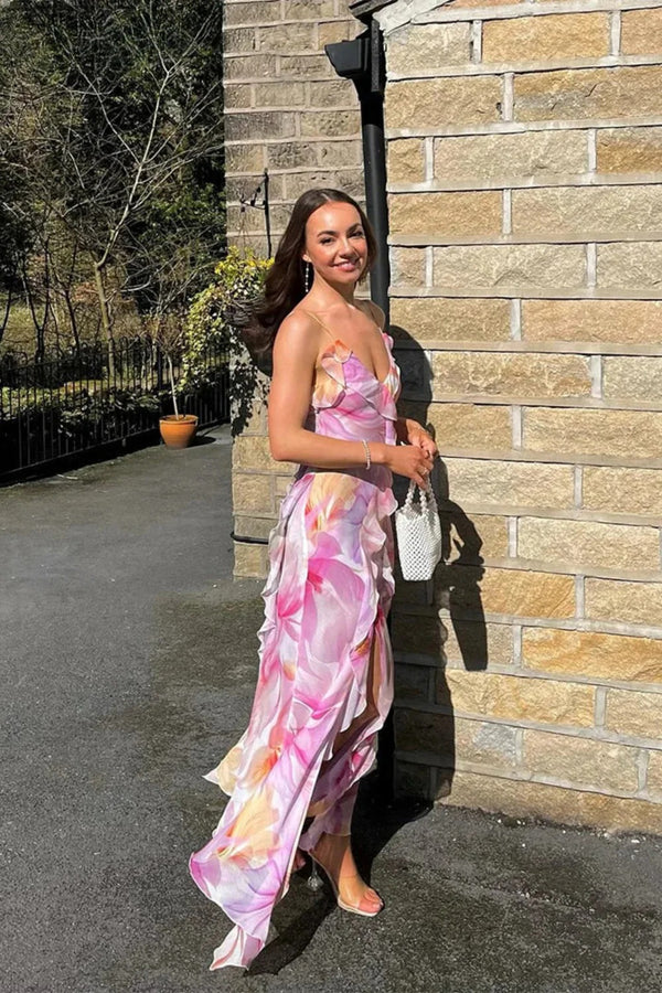 Elegant Pink Floral Print Spaghetti Strap Prom Dress With Ruffled Trim Open Back And High Slit For Bridal Shower Garden Party