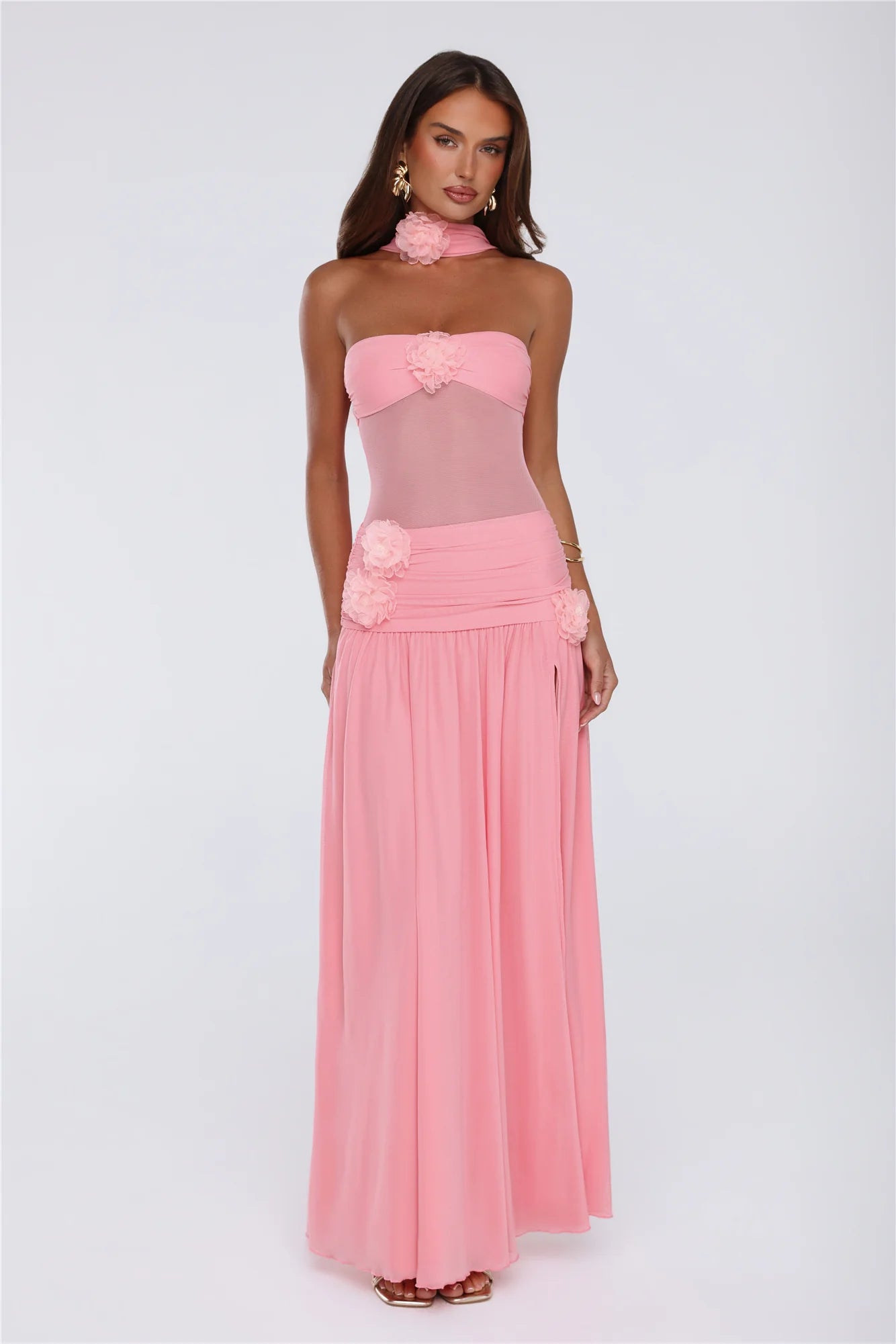 Elegant Pink Halter Mesh Cutout Maxi Prom Dress With 3D Floral Appliques And High Slit For Cocktail Party Bridal Shower