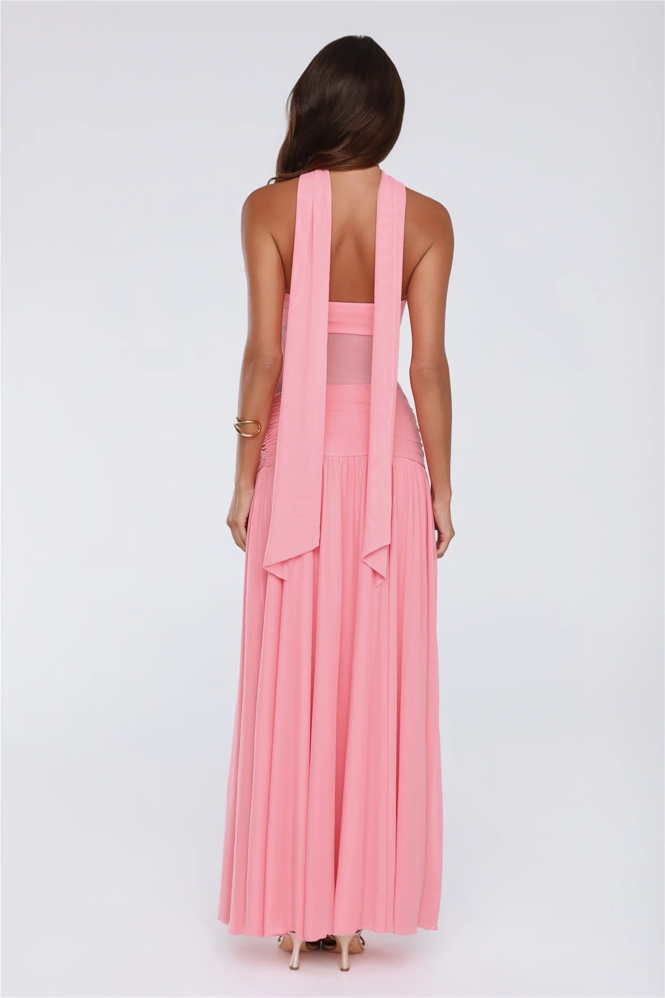 Elegant Pink Halter Mesh Cutout Maxi Prom Dress With 3D Floral Appliques And High Slit For Cocktail Party Bridal Shower
