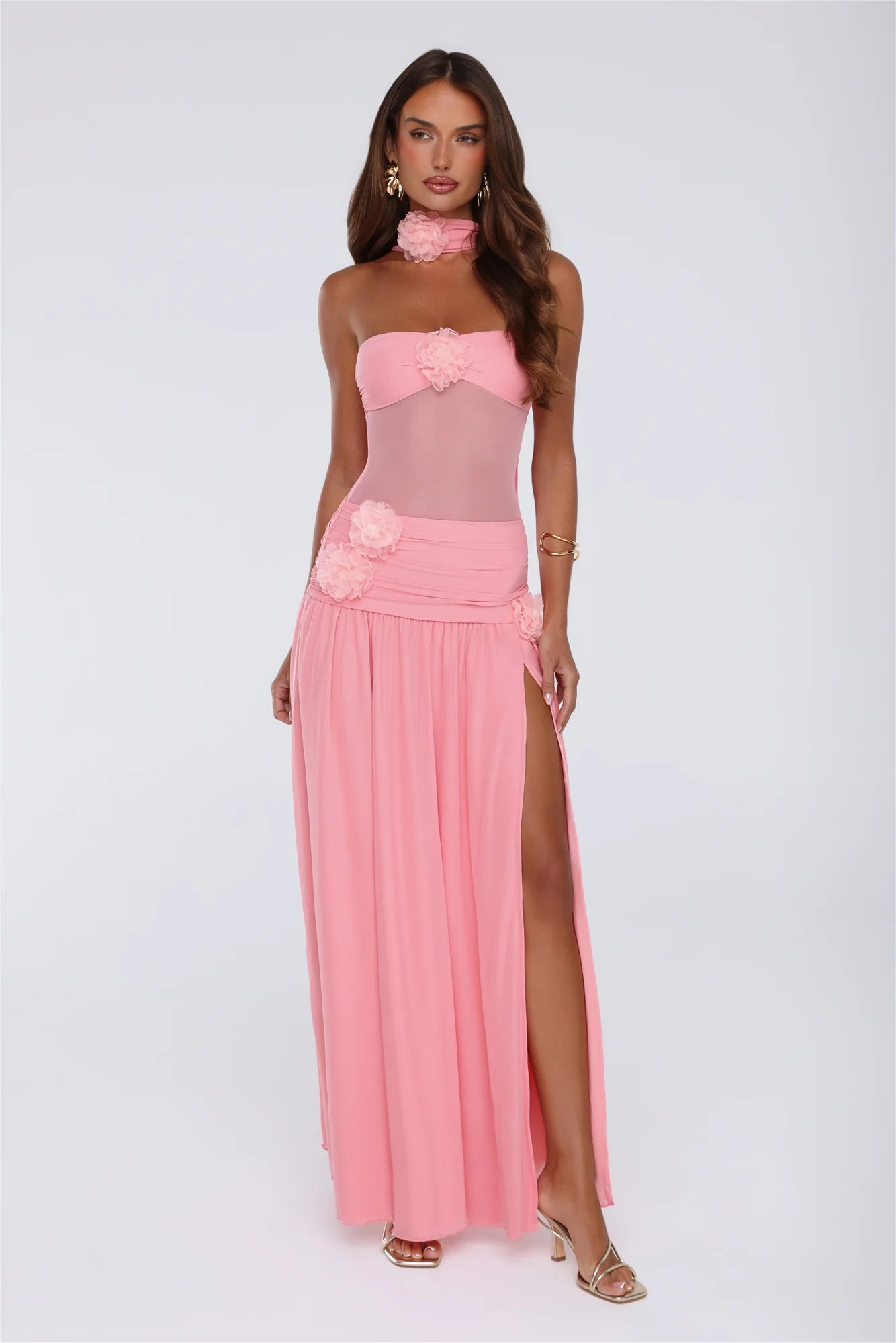 Elegant Pink Halter Mesh Cutout Maxi Prom Dress With 3D Floral Appliques And High Slit For Cocktail Party Bridal Shower