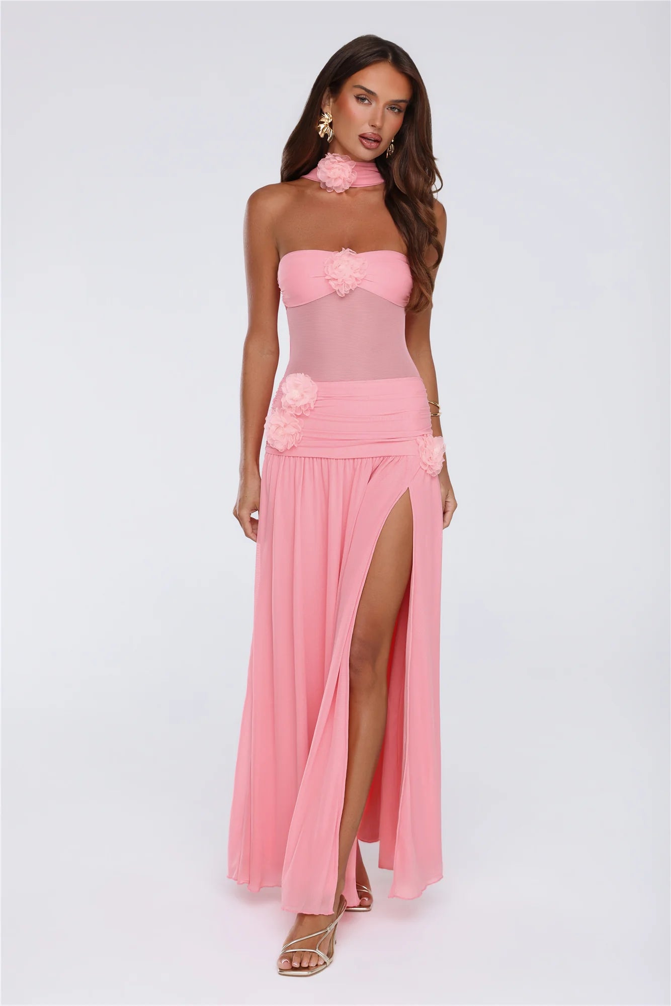 Elegant Pink Halter Mesh Cutout Maxi Prom Dress With 3D Floral Appliques And High Slit For Cocktail Party Bridal Shower