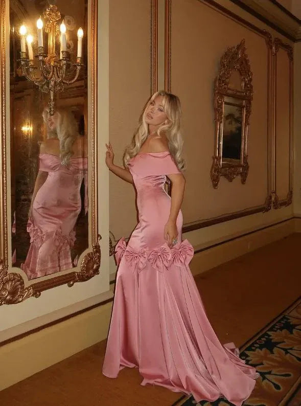 Elegant Pink Satin One Shoulder Bow Mermaid Long Evening Dresses