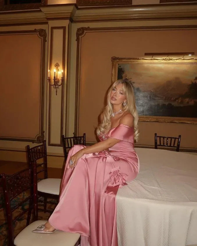 Elegant Pink Satin One Shoulder Bow Mermaid Long Evening Dresses
