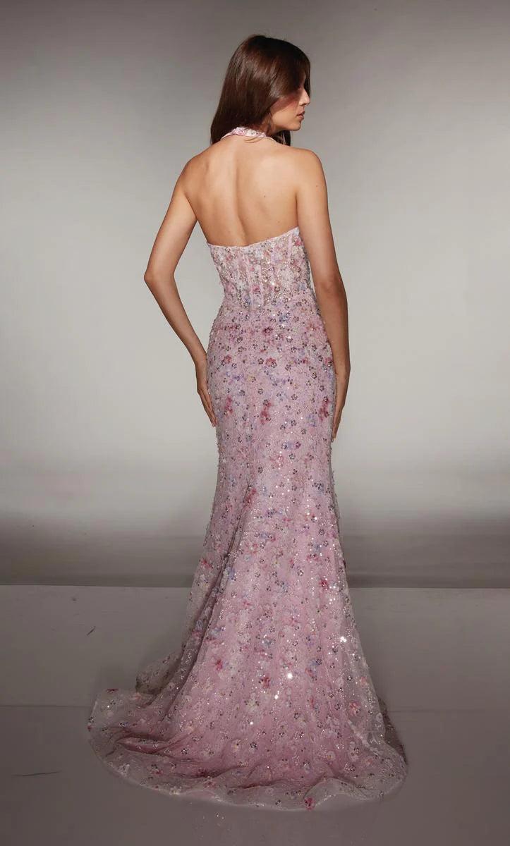 Elegant Pink Sequins Floral Embroidered V-neck Cross Strap Mermaid Long Evening Dresses
