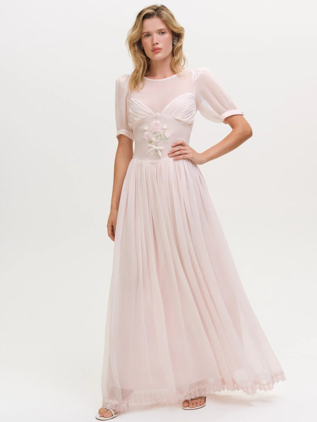Elegant Puff Sleeve Embroidered Chiffon A Line Maxi Prom Dress For Formal Evening Bridal