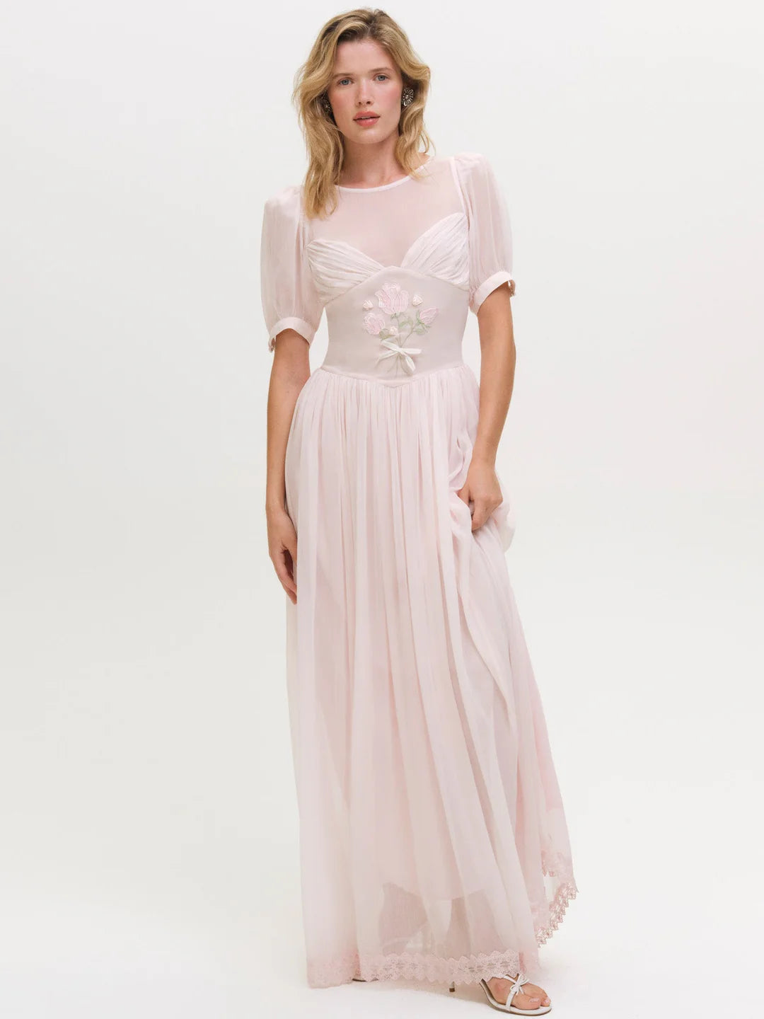 Elegant Puff Sleeve Embroidered Chiffon A Line Maxi Prom Dress For Formal Evening Bridal