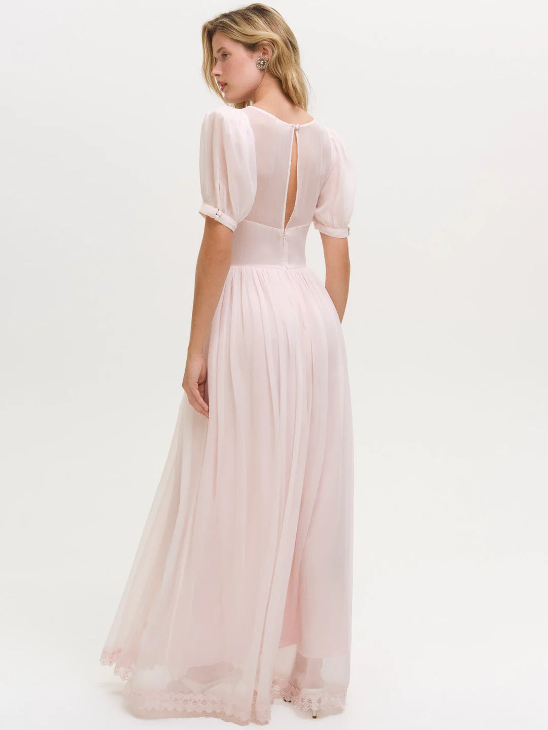 Elegant Puff Sleeve Embroidered Chiffon A Line Maxi Prom Dress For Formal Evening Bridal