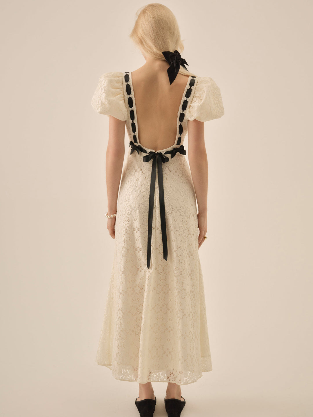 Elegant Puff Sleeve Square Neck Lace Midi Prom Dress With Contrast Bow Detail For Formal Evening Bridal