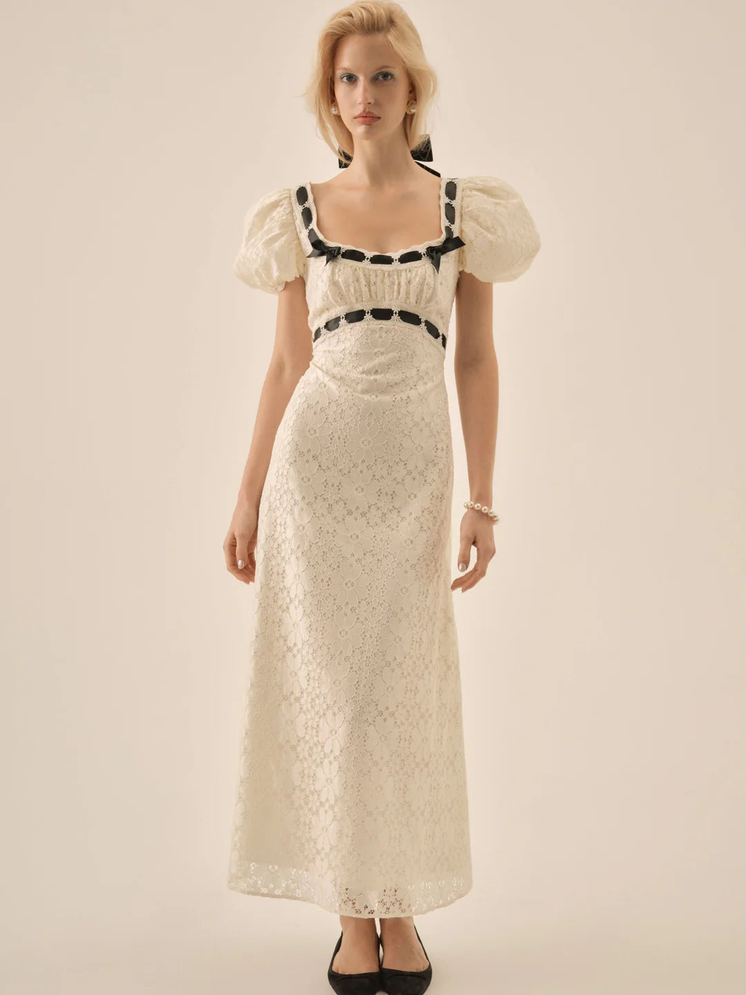 Elegant Puff Sleeve Square Neck Lace Midi Prom Dress With Contrast Bow Detail For Formal Evening Bridal