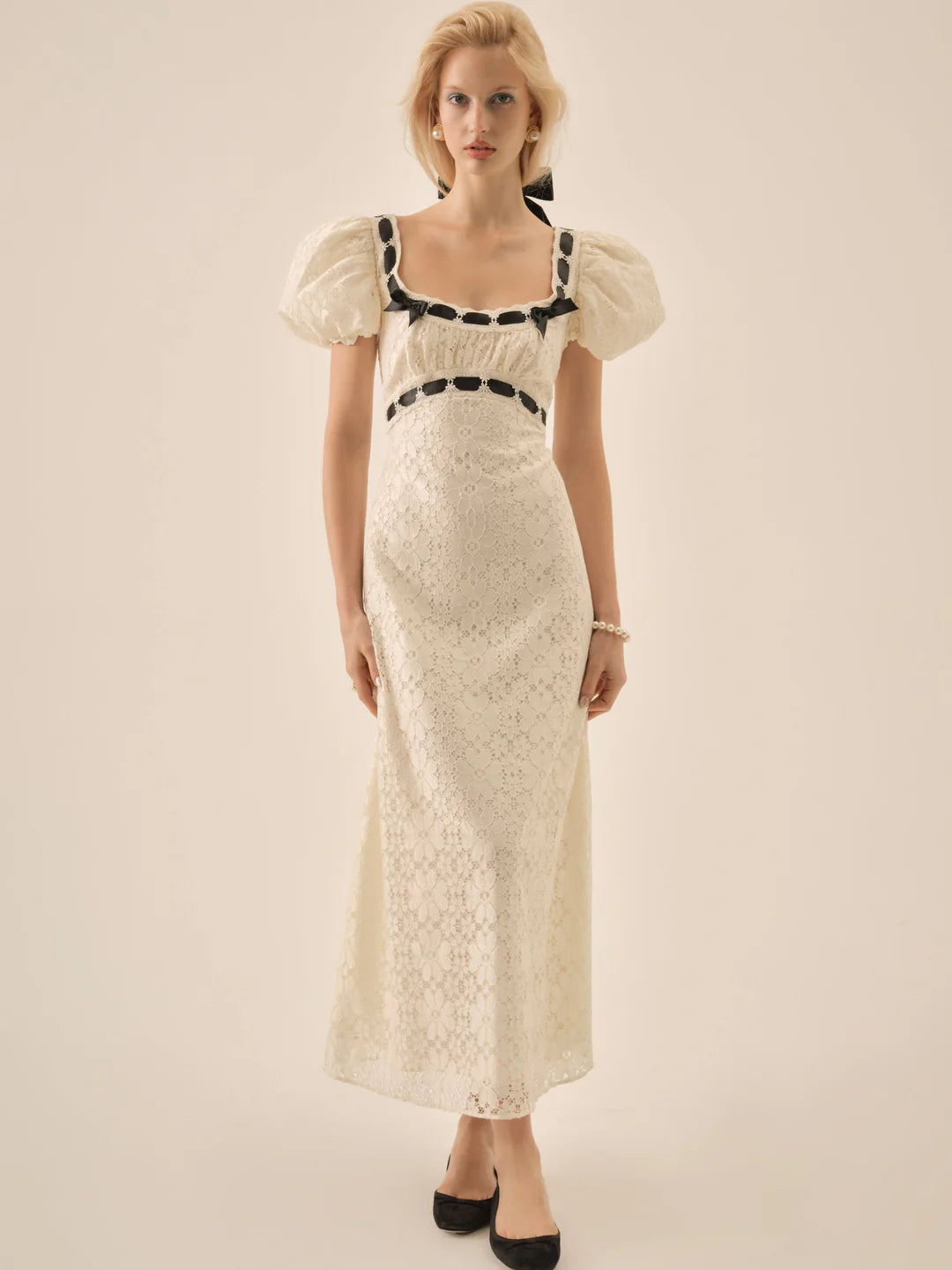 Elegant Puff Sleeve Square Neck Lace Midi Prom Dress With Contrast Bow Detail For Formal Evening Bridal