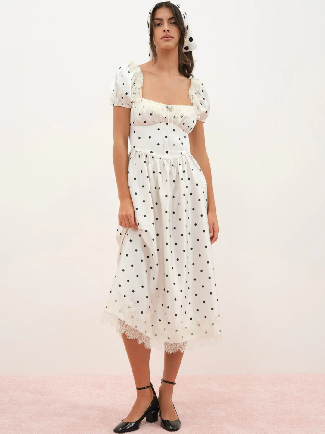Elegant Puff Sleeve Square Neck Polka Dot Lace Trim Midi Prom Dress With Open Back For Formal Evening Bridal
