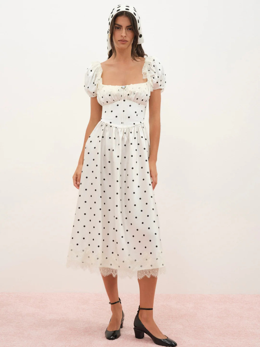 Elegant Puff Sleeve Square Neck Polka Dot Lace Trim Midi Prom Dress With Open Back For Formal Evening Bridal