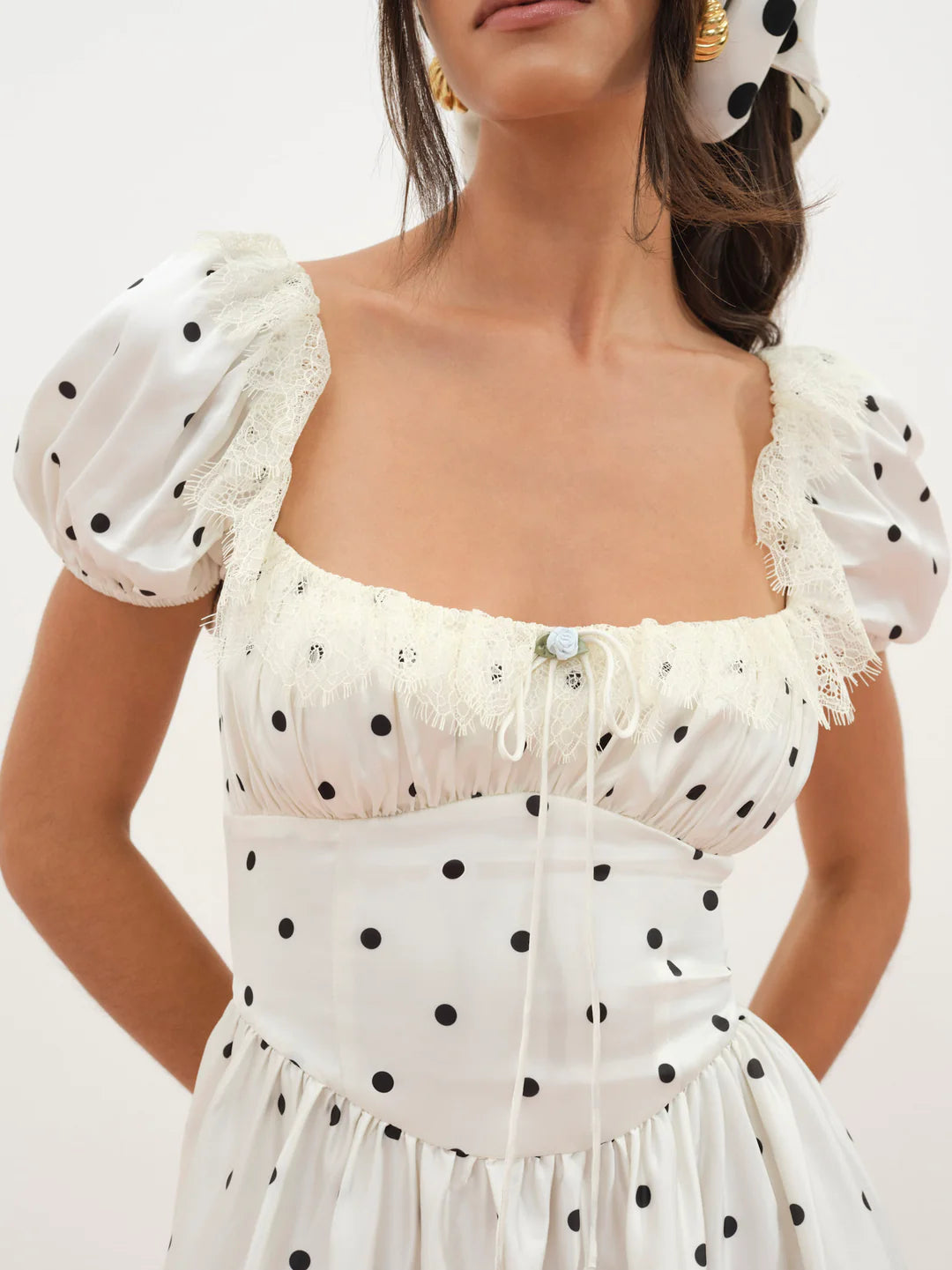 Elegant Puff Sleeve Square Neck Polka Dot Lace Trim Midi Prom Dress With Open Back For Formal Evening Bridal