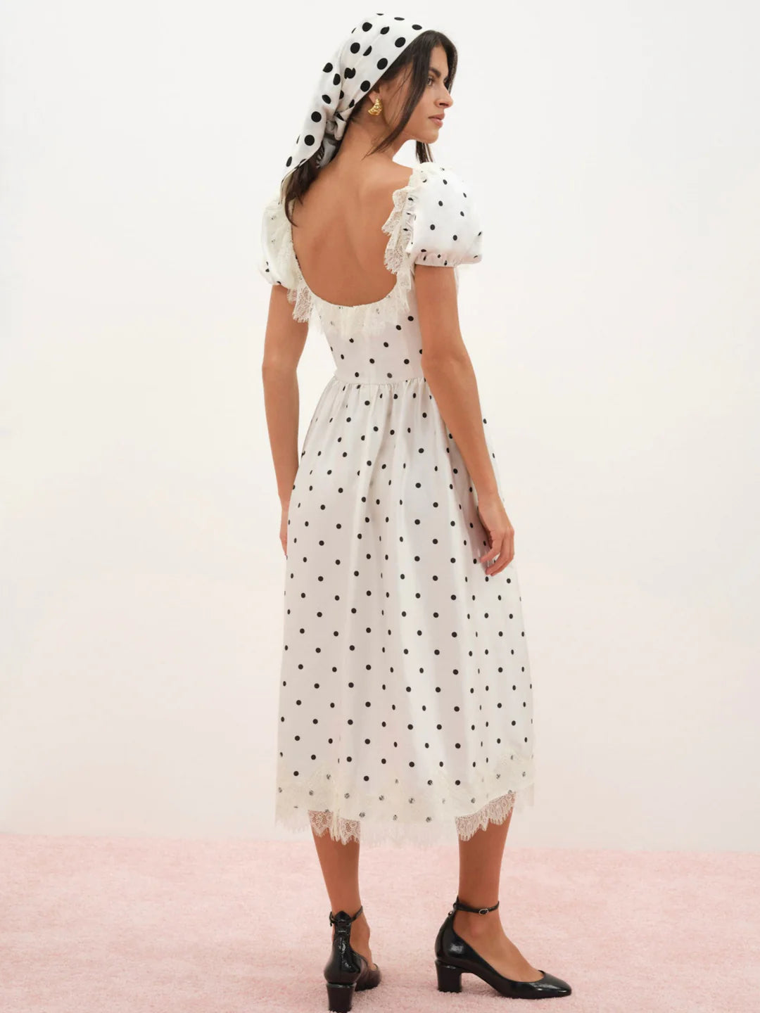 Elegant Puff Sleeve Square Neck Polka Dot Lace Trim Midi Prom Dress With Open Back For Formal Evening Bridal