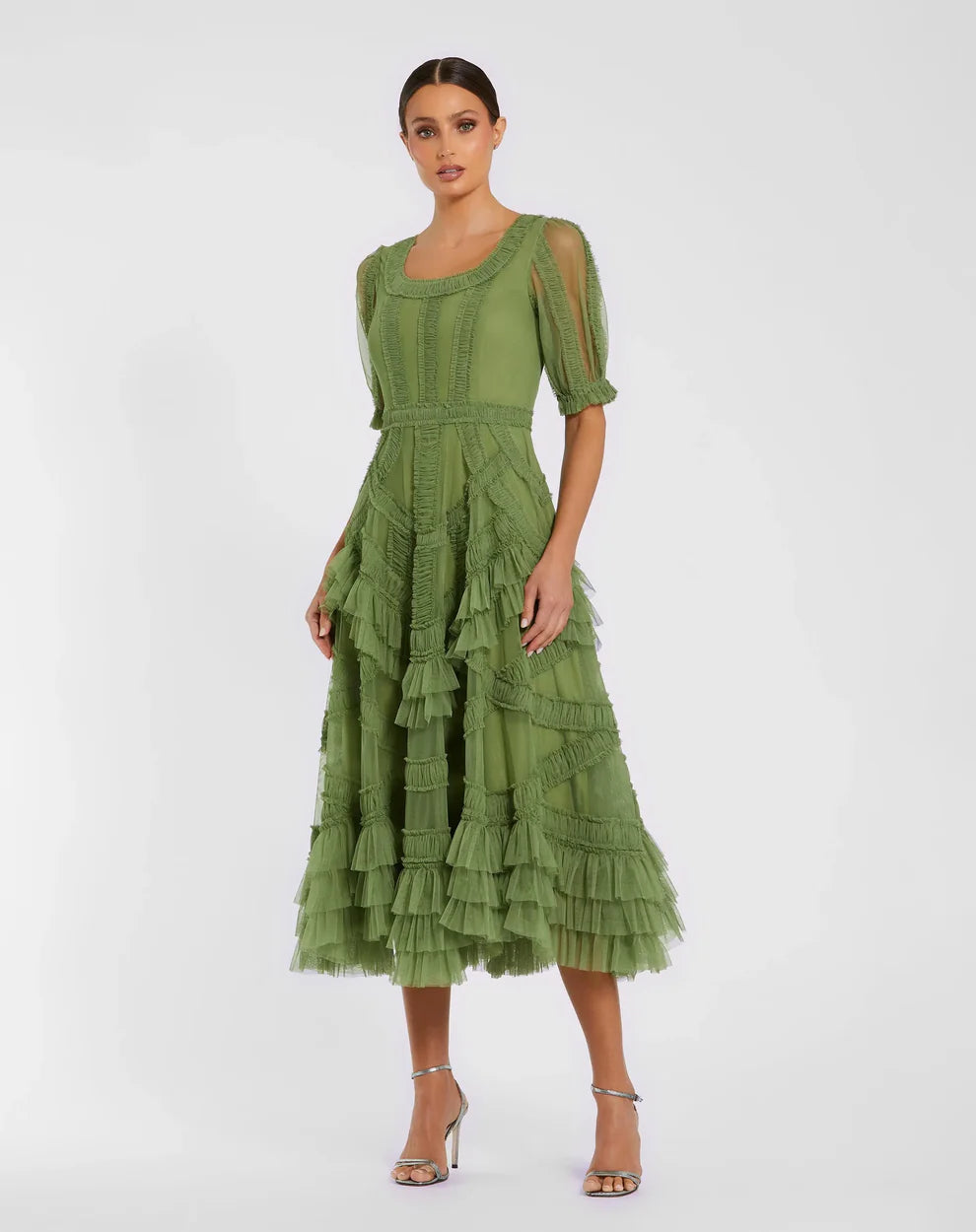 Elegant Puff Sleeve Square Neck Ruffle Trim Mesh Midi Prom Dress For Formal Evening Wedding Guest Bridesmaid Cocktail Party