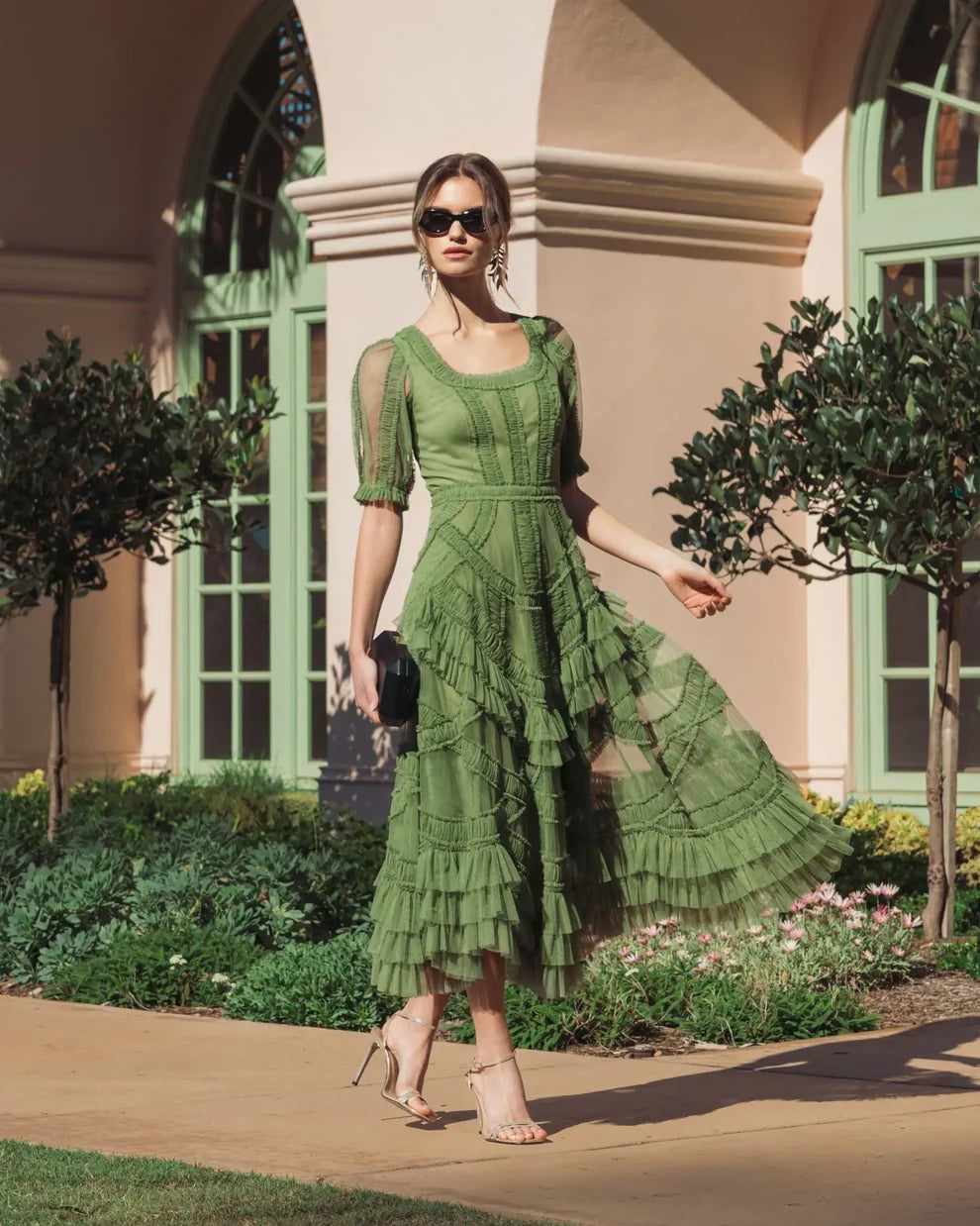 Elegant Puff Sleeve Square Neck Ruffle Trim Mesh Midi Prom Dress For Formal Evening Wedding Guest Bridesmaid Cocktail Party