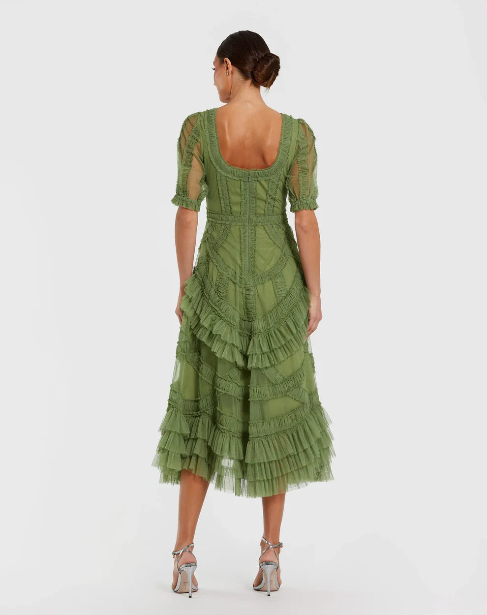 Elegant Puff Sleeve Square Neck Ruffle Trim Mesh Midi Prom Dress For Formal Evening Wedding Guest Bridesmaid Cocktail Party