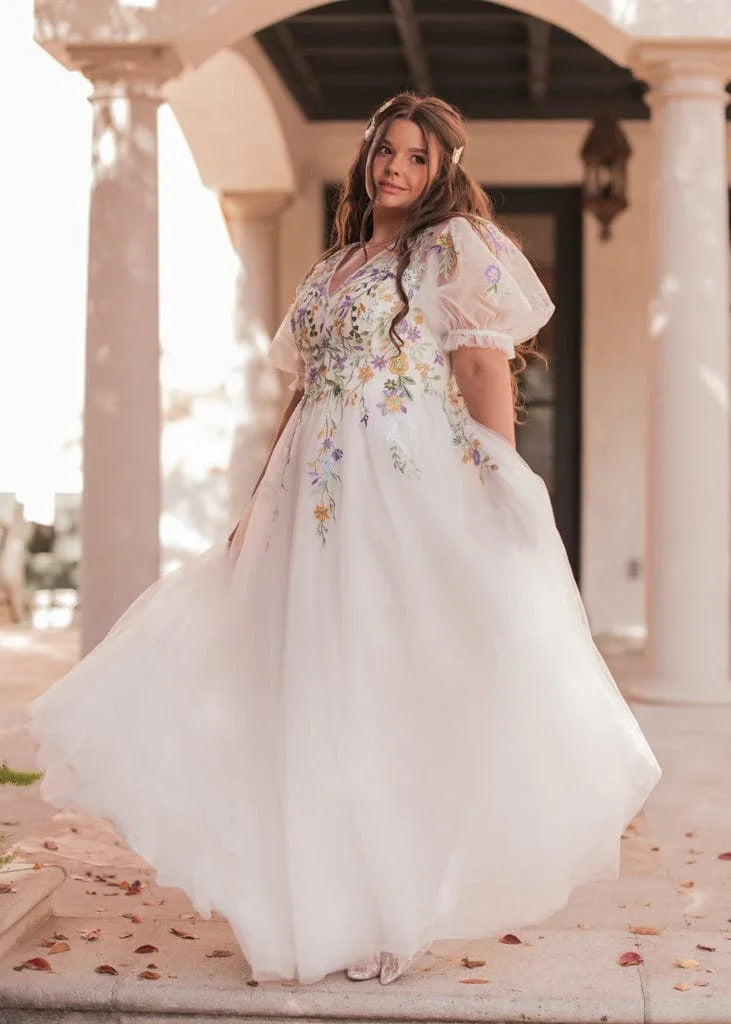 Elegant Puff Sleeve V Neck Floral Embroidery Sheer Mesh Tulle Maxi Evening Dress For Formal Evening Prom Wedding Guest Bridesmaid Cocktail Party Gala