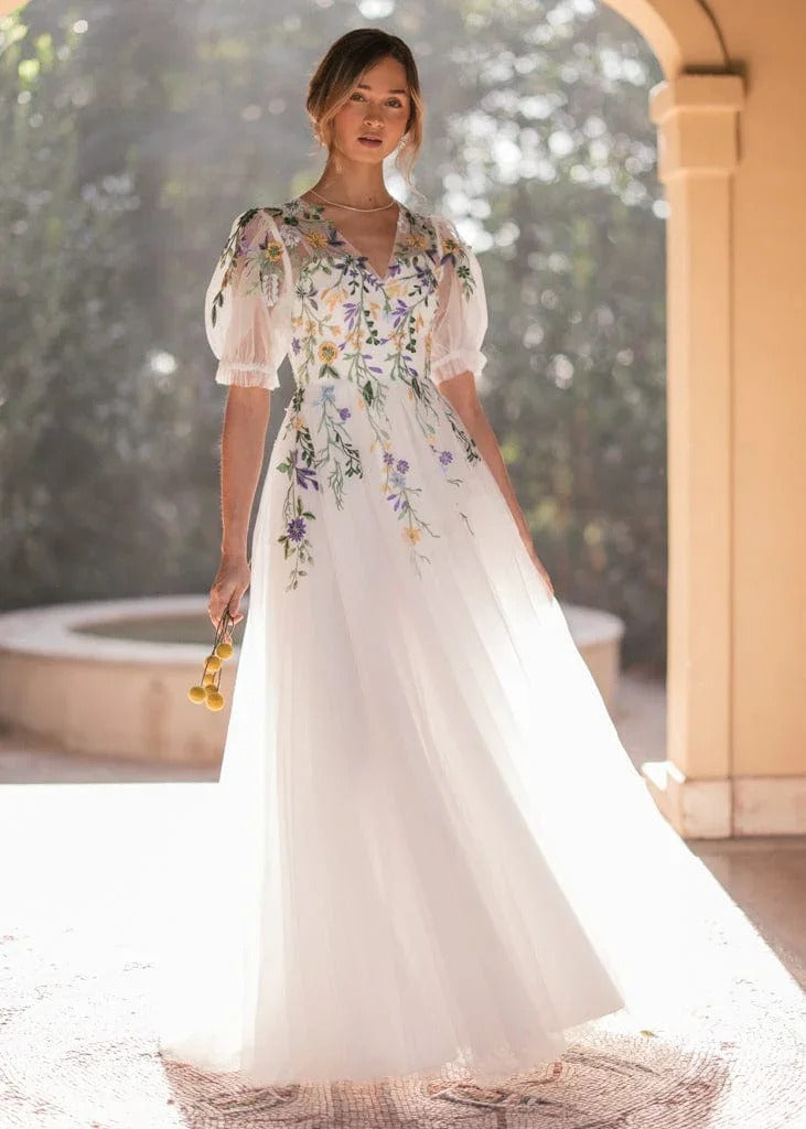 Elegant Puff Sleeve V Neck Floral Embroidery Sheer Mesh Tulle Maxi Evening Dress For Formal Evening Prom Wedding Guest Bridesmaid Cocktail Party Gala