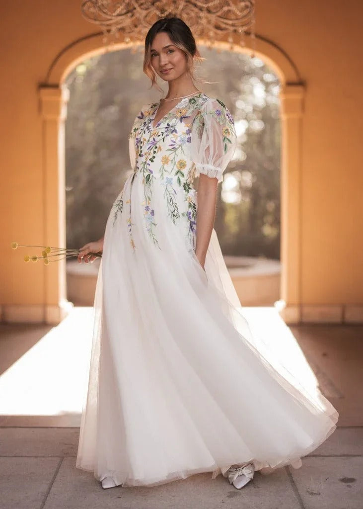 Elegant Puff Sleeve V Neck Floral Embroidery Sheer Mesh Tulle Maxi Evening Dress For Formal Evening Prom Wedding Guest Bridesmaid Cocktail Party Gala