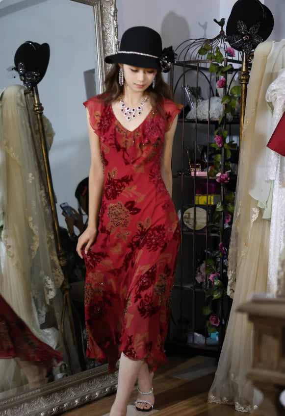 Elegant Red Floral Burnout Prom Dress With Beaded Accents Ruffled Neckline And Asymmetric Hem For Formal Evening Party