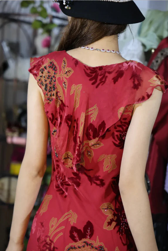 Elegant Red Floral Burnout Prom Dress With Beaded Accents Ruffled Neckline And Asymmetric Hem For Formal Evening Party