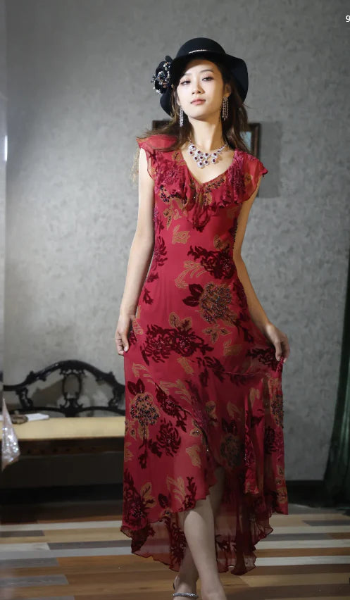 Elegant Red Floral Burnout Prom Dress With Beaded Accents Ruffled Neckline And Asymmetric Hem For Formal Evening Party