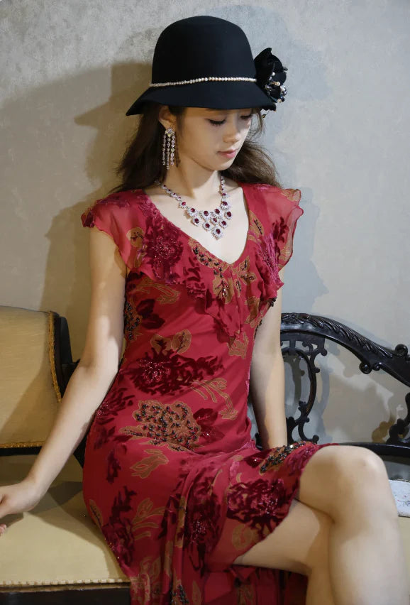 Elegant Red Floral Burnout Prom Dress With Beaded Accents Ruffled Neckline And Asymmetric Hem For Formal Evening Party