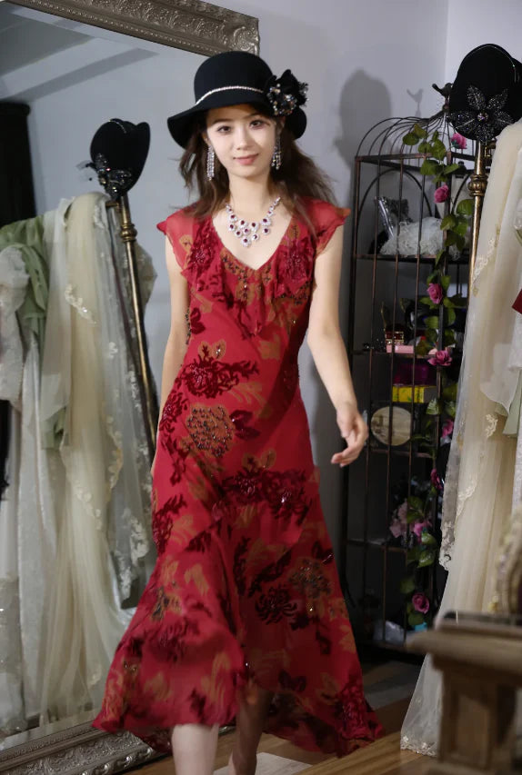 Elegant Red Floral Burnout Prom Dress With Beaded Accents Ruffled Neckline And Asymmetric Hem For Formal Evening Party