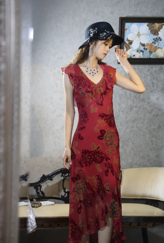 Elegant Red Floral Burnout Prom Dress With Beaded Accents Ruffled Neckline And Asymmetric Hem For Formal Evening Party