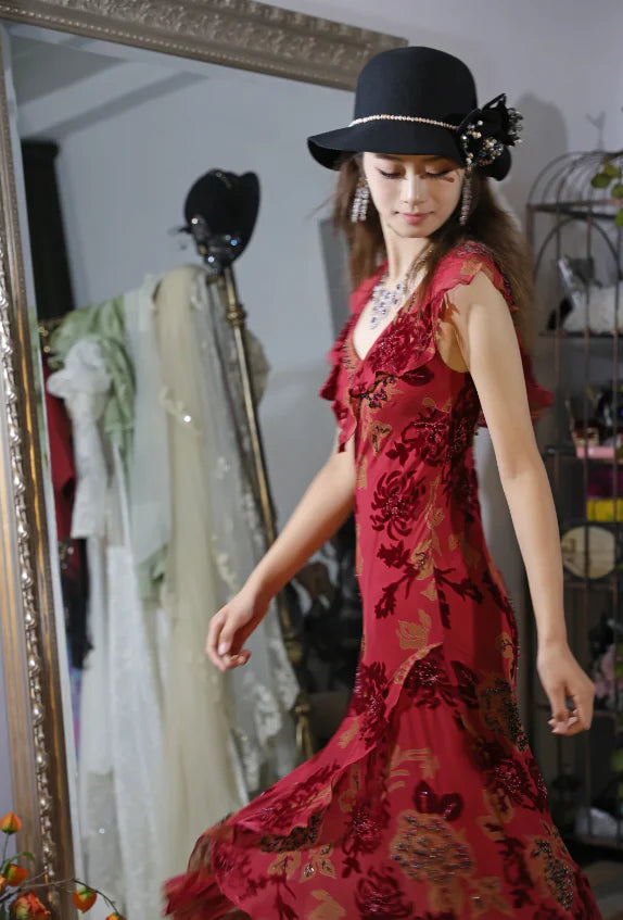 Elegant Red Floral Burnout Prom Dress With Beaded Accents Ruffled Neckline And Asymmetric Hem For Formal Evening Party
