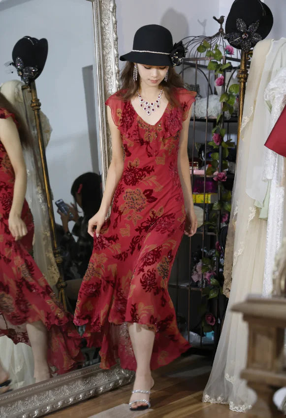 Elegant Red Floral Burnout Prom Dress With Beaded Accents Ruffled Neckline And Asymmetric Hem For Formal Evening Party